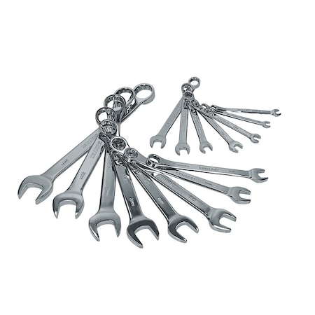 Mirror-polished Combination Wrench Metric Set, 15 Pieces On Rack